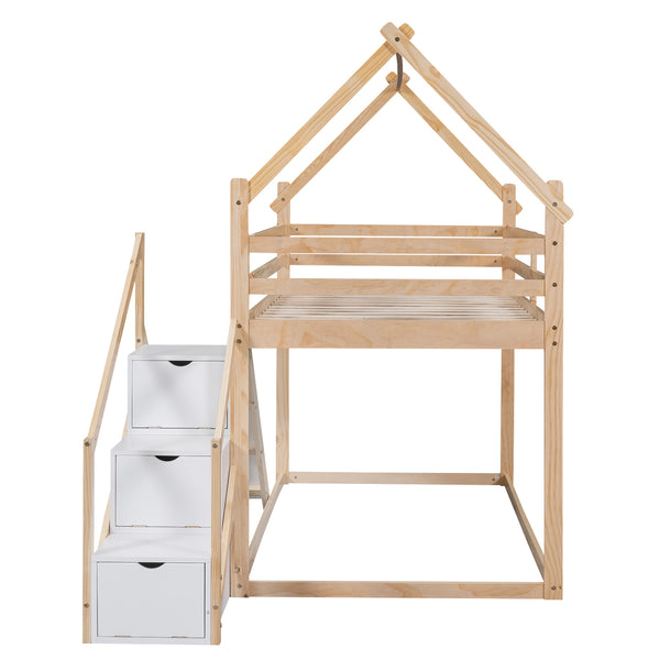English Elm Twin House Loft Bunk Bed with Slide, Staircase & Climbing Ramp — Space-Saving Pine Frame for Kids (97) Natural GX000717AAN