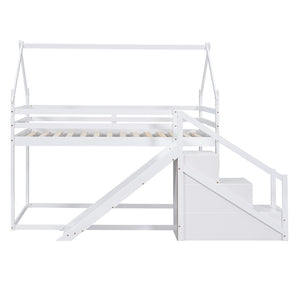 English Elm Twin House Loft Bunk Bed with Slide, Staircase & Climbing Ramp — Space-Saving Pine Frame for Kids (97) White GX000717AAK