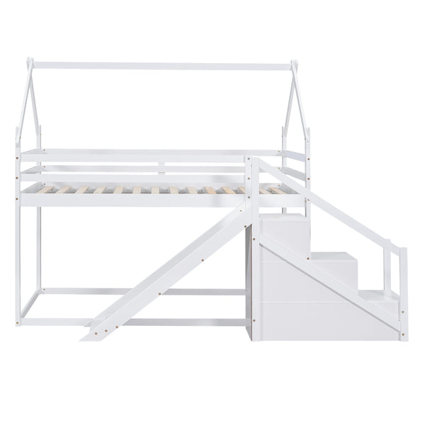 English Elm Twin House Loft Bunk Bed with Slide, Staircase & Climbing Ramp — Space-Saving Pine Frame for Kids (97) White GX000717AAK