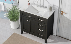 English Elm 36" Freestanding Bathroom Vanity Solid Rubberwood Cabinet with Ceramic Sink and Three Drawers Black JL000007AAB-6