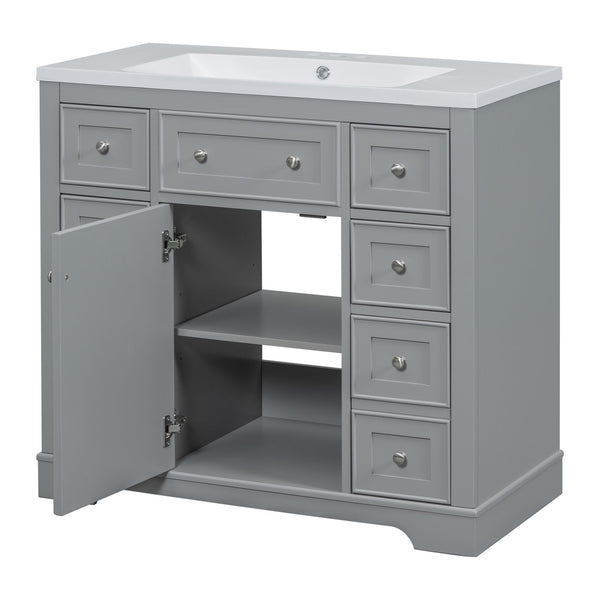 English Elm 36" Modern Bathroom Vanity with Ceramic Sink, Solid Wood & MDF Build, Six Drawers + Cabinet, Durable Finish and Adjustable Shelf for Organized Storage Grey SY999404AAE-6