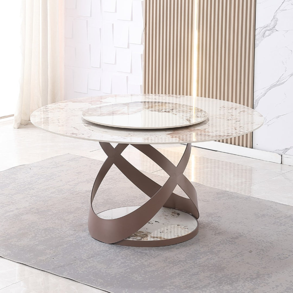 English Elm 59.05"modern Sintered Stone Dining Table with Lazy Susan Spiral Pedestal and Six Chairs W509S00178