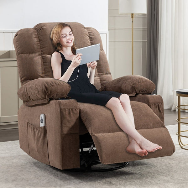 English Elm Massage Rocker Recliner Oversized Chair with Heat Vibration Usb Port and Storage Pockets Brown W1807S00011