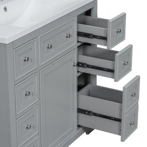 English Elm 36" Modern Bathroom Vanity with Ceramic Sink, Solid Wood & MDF Build, Six Drawers + Cabinet, Durable Finish and Adjustable Shelf for Organized Storage Grey SY999404AAE-6