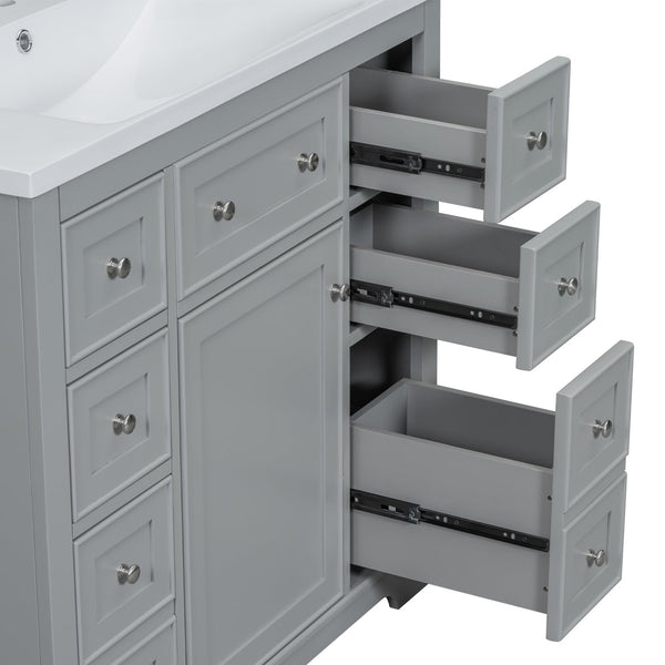 English Elm 36" Modern Bathroom Vanity with Ceramic Sink, Solid Wood & MDF Build, Six Drawers + Cabinet, Durable Finish and Adjustable Shelf for Organized Storage Grey SY999404AAE-6