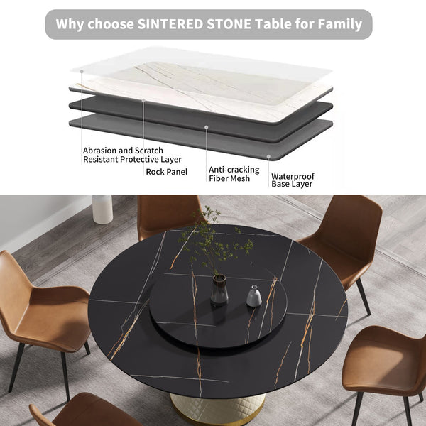English Elm 59.05"Modern 59.05" Modern Round Dining Table With Carbon Steel Base & Rotating Turntable - Seats 6 Comfortably! W1535S00352