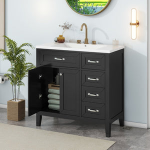 English Elm 36" Freestanding Bathroom Vanity Solid Rubberwood Cabinet with Ceramic Sink and Three Drawers Black JL000007AAB-6