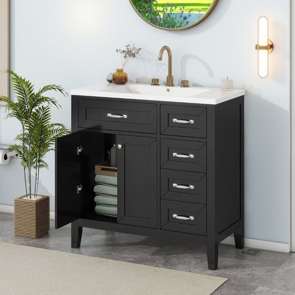 English Elm 36" Freestanding Bathroom Vanity Solid Rubberwood Cabinet with Ceramic Sink and Three Drawers Black JL000007AAB-6