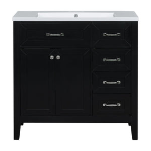 English Elm 36" Freestanding Bathroom Vanity Solid Rubberwood Cabinet with Ceramic Sink and Three Drawers Black JL000007AAB-6