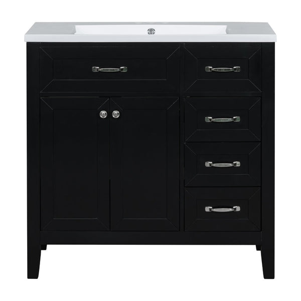 English Elm 36" Freestanding Bathroom Vanity Solid Rubberwood Cabinet with Ceramic Sink and Three Drawers Black JL000007AAB-6