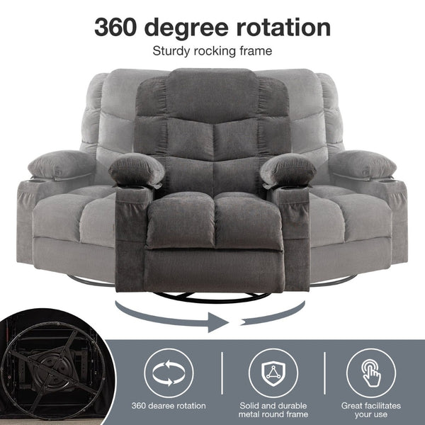 English Elm Massage Rocker Recliner Oversized Chair with Heat Vibration Usb Port and Storage Pockets Grey W1807S00010
