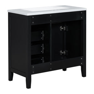 English Elm 36" Freestanding Bathroom Vanity Solid Rubberwood Cabinet with Ceramic Sink and Three Drawers Black JL000007AAB-6