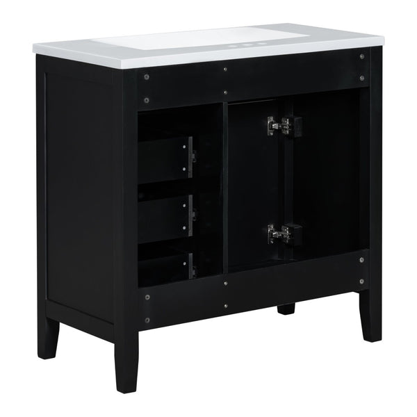 English Elm 36" Freestanding Bathroom Vanity Solid Rubberwood Cabinet with Ceramic Sink and Three Drawers Black JL000007AAB-6