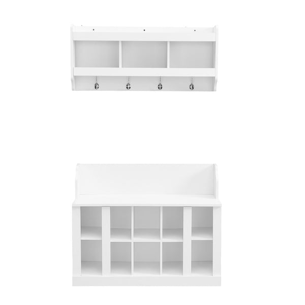 English Elm On-trend Two-piece White Hall Tree with Bench Ten Shoe Cubbies and Cabinet WF313576AAK