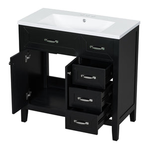 English Elm 36" Freestanding Bathroom Vanity Solid Rubberwood Cabinet with Ceramic Sink and Three Drawers Black JL000007AAB-6