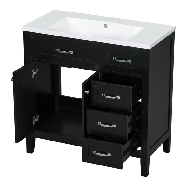 English Elm 36" Freestanding Bathroom Vanity Solid Rubberwood Cabinet with Ceramic Sink and Three Drawers Black JL000007AAB-6