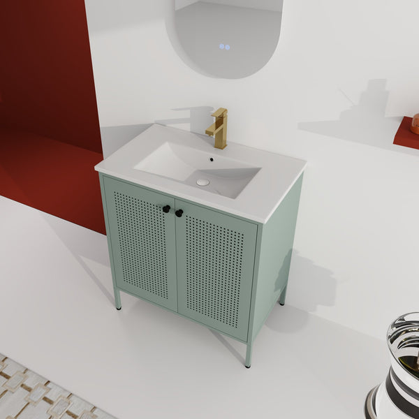 English Elm 30 Inch Freestanding Bathroom Vanity With Durable Ceramic Sink And Adjustable Shelving For Storage W999S00124