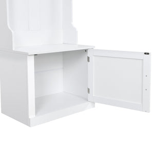 English Elm On-trend Slim Hall Tree Entryway Bench with Cabinet Six Hooks Matte Foyer Storage White N721P249243K