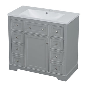 English Elm 36" Modern Bathroom Vanity with Ceramic Sink, Solid Wood & MDF Build, Six Drawers + Cabinet, Durable Finish and Adjustable Shelf for Organized Storage Grey SY999404AAE-6