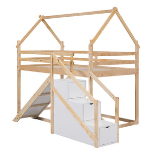 Hearth and Haven Borahmia Twin over Twin House Bunk Bed with Slide and Staircase, Natural