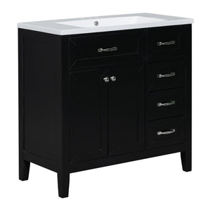 English Elm 36" Freestanding Bathroom Vanity Solid Rubberwood Cabinet with Ceramic Sink and Three Drawers Black JL000007AAB-6