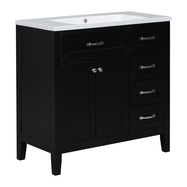English Elm 36" Freestanding Bathroom Vanity Solid Rubberwood Cabinet with Ceramic Sink and Three Drawers Black JL000007AAB-6