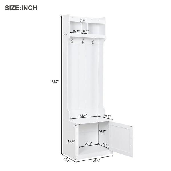 English Elm On-trend Slim Hall Tree Entryway Bench with Cabinet Six Hooks Matte Foyer Storage White N721P249243K