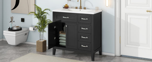 English Elm 36" Freestanding Bathroom Vanity Solid Rubberwood Cabinet with Ceramic Sink and Three Drawers Black JL000007AAB-6