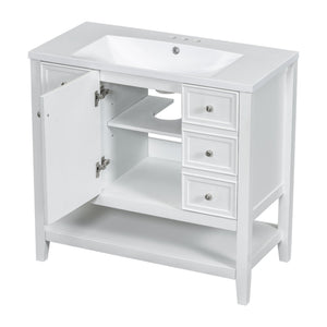 English Elm 36" Bathroom Vanity With Center Sink, Solid Wood & Mdf, 3 Drawers, Elegant White Finish, Modern Style N725P246500K