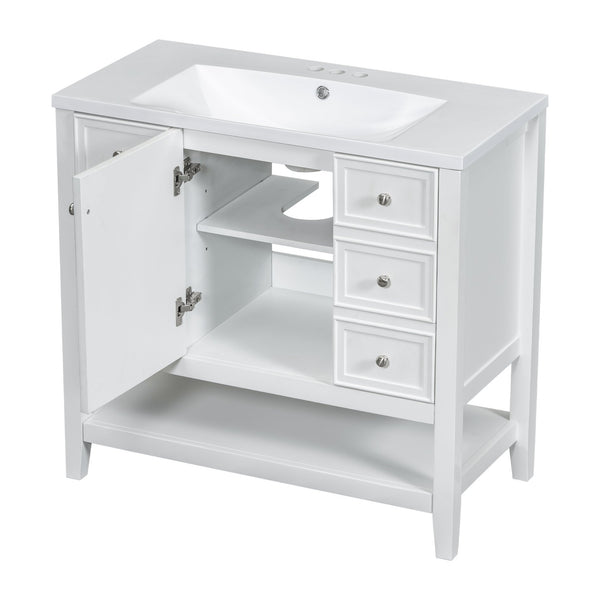 English Elm 36" Bathroom Vanity With Center Sink, Solid Wood & Mdf, 3 Drawers, Elegant White Finish, Modern Style N725P246500K