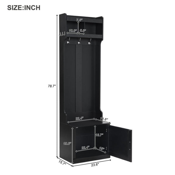 English Elm On-trend Slim Hall Tree Entryway Bench with Cabinet Six Hooks Matte Foyer Storage Black N721P249243B