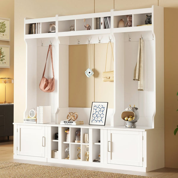 English Elm On-trend Modular Entryway Hall Tree with Hooks Shoe Cubbies Bench and Shelves White N721S000025K