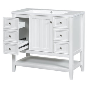 English Elm 36" Bathroom Vanity With Center Sink, Solid Wood & Mdf, 3 Drawers, Elegant White Finish, Modern Style N725P246500K
