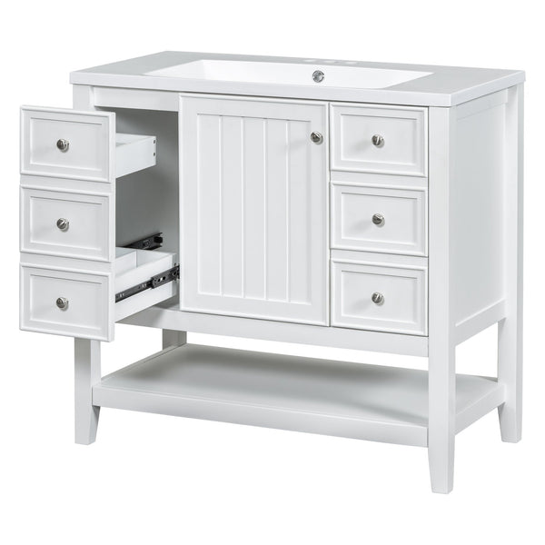 English Elm 36" Bathroom Vanity With Center Sink, Solid Wood & Mdf, 3 Drawers, Elegant White Finish, Modern Style N725P246500K