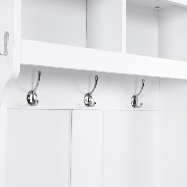 English Elm On-trend Slim Hall Tree Entryway Bench with Cabinet Six Hooks Matte Foyer Storage White N721P249243K