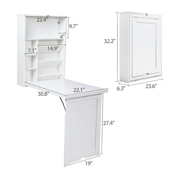 English Elm Modern Wall-Mounted Folding Desk Cabinet with Storage Shelves, Compact Convertible Writing Station for Home Office, White W2181P151577