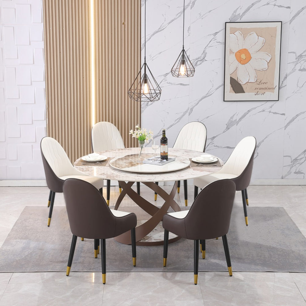 English Elm 59.05"modern Sintered Stone Dining Table with Lazy Susan Spiral Pedestal and Six Chairs W509S00178