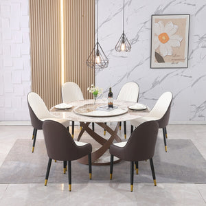 English Elm 59.05"modern Sintered Stone Dining Table with Lazy Susan Spiral Pedestal and Six Chairs W509S00178