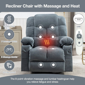 English Elm Massage Rocker Recliner Oversized Chair with Heat Vibration Usb Port and Storage Pockets W1807S00009