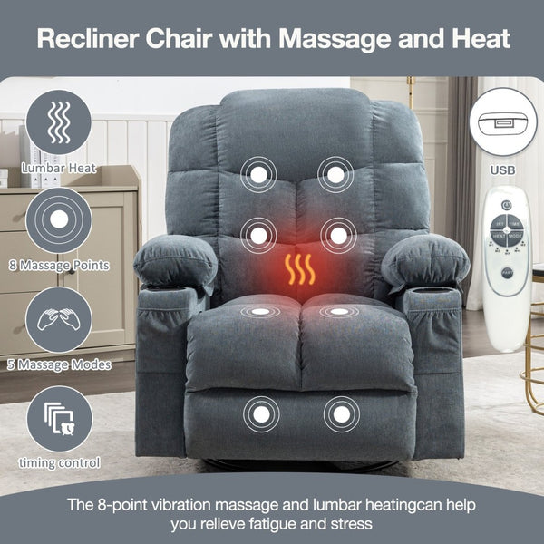 English Elm Massage Rocker Recliner Oversized Chair with Heat Vibration Usb Port and Storage Pockets W1807S00009
