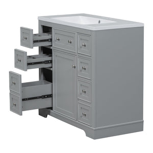 English Elm 36" Modern Bathroom Vanity with Ceramic Sink, Solid Wood & MDF Build, Six Drawers + Cabinet, Durable Finish and Adjustable Shelf for Organized Storage Grey SY999404AAE-6