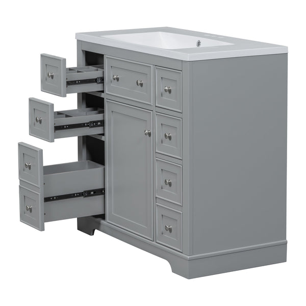 English Elm 36" Modern Bathroom Vanity with Ceramic Sink, Solid Wood & MDF Build, Six Drawers + Cabinet, Durable Finish and Adjustable Shelf for Organized Storage Grey SY999404AAE-6