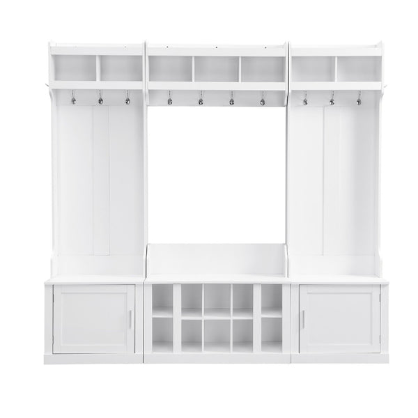 English Elm On-trend Modular Entryway Hall Tree with Hooks Shoe Cubbies Bench and Shelves White N721S000025K