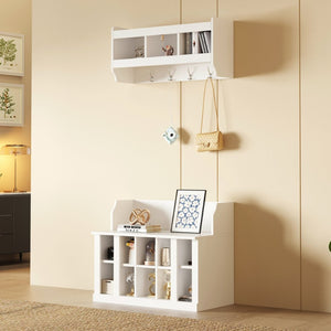 English Elm On-trend Two-piece White Hall Tree with Bench Ten Shoe Cubbies and Cabinet WF313576AAK