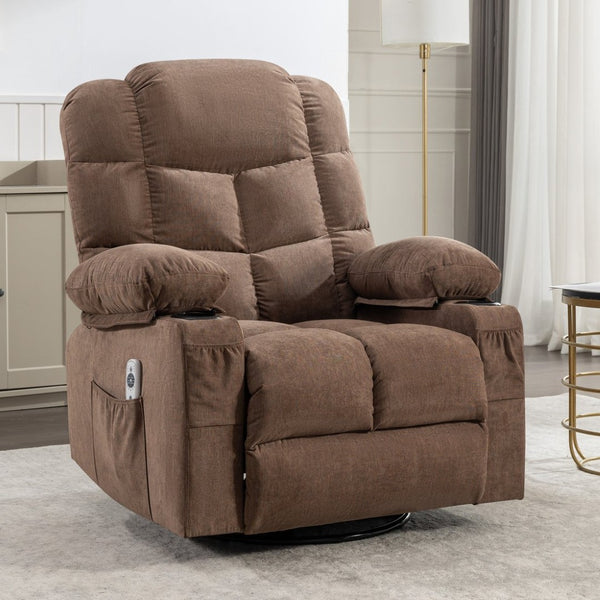 English Elm Massage Rocker Recliner Oversized Chair with Heat Vibration Usb Port and Storage Pockets Brown W1807S00011