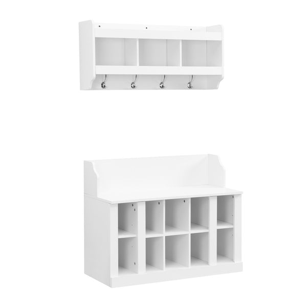 English Elm On-trend Two-piece White Hall Tree with Bench Ten Shoe Cubbies and Cabinet WF313576AAK