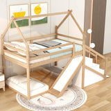 Hearth and Haven Borahmia Twin over Twin House Bunk Bed with Slide and Staircase, Natural