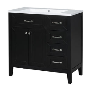 English Elm 36" Freestanding Bathroom Vanity Solid Rubberwood Cabinet with Ceramic Sink and Three Drawers Black JL000007AAB-6