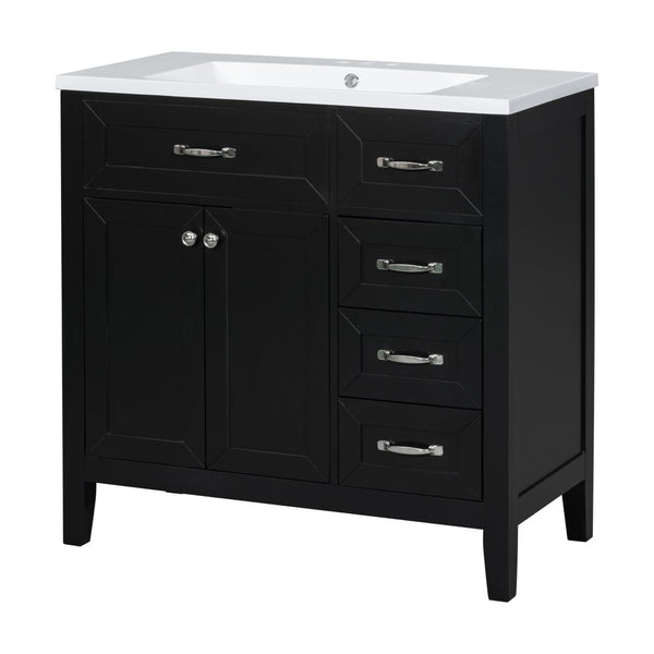 English Elm 36" Freestanding Bathroom Vanity Solid Rubberwood Cabinet with Ceramic Sink and Three Drawers Black JL000007AAB-6