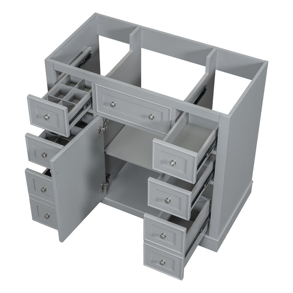 English Elm 36" Solid Wood Bathroom Vanity Base with 6 Drawers & 1 Door, Modern Freestanding Cabinet, Undermount-Compatible Grey WF306253AAE